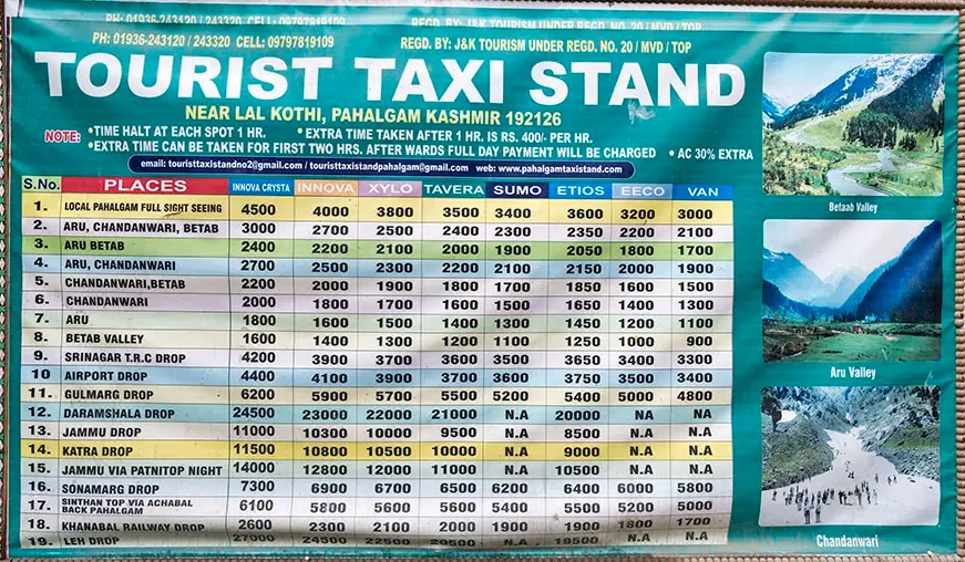 Pahalgam union taxi stand rates